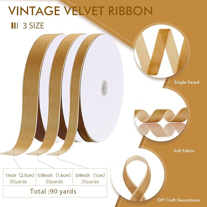 Yilloog 3/8'' 5/8'' 1'' 90 Yards Christmas Velvet Ribbon Vintage Satin Fabric Velvet Ribbon Roll for Christmas Tree Ornaments Decoration Gift Wrapping Bow DIY Crafts (Khaki)
