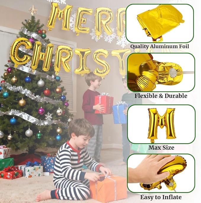 16 Inch Merry Christmas Balloons 14 PCS Gold Balloons Banner Xmas Letter Aluminum Mylar Foil Balloon Kit Decorations Backdrop for Holiday Hanging Decor Party Favors Supplies Theme Indoor Outdoor