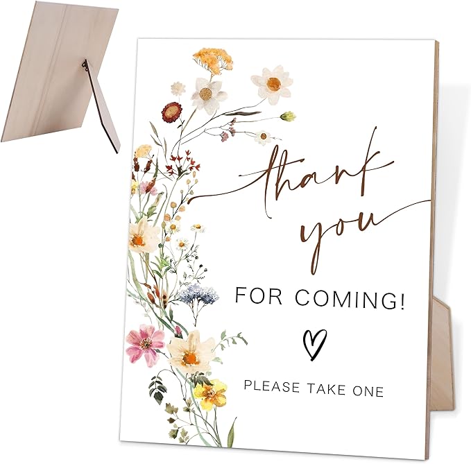 Flower Thank You for Coming Sign, Wedding Decorations for Reception, Bridal Shower Party Decor, Table Centerpieces for Party, Wedding Guest Gifts, 6X8 Inch Wooden Bridal Shower Signs with Stand, 9