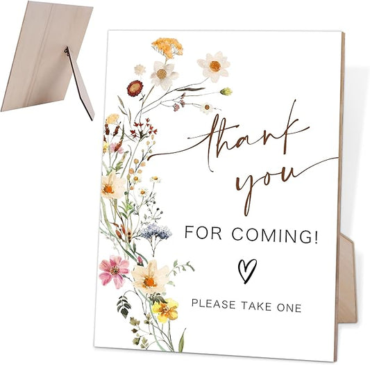 Flower Thank You for Coming Sign, Wedding Decorations for Reception, Bridal Shower Party Decor, Table Centerpieces for Party, Wedding Guest Gifts, 6X8 Inch Wooden Bridal Shower Signs with Stand, 9