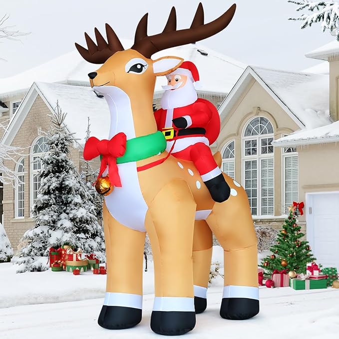 COMIN 9.8 FT Christmas Decorations Outdoor Inflatables Santa Claus Riding Reindeer Blow ups with Built-in LEDs for Yard Party Lawn Decor