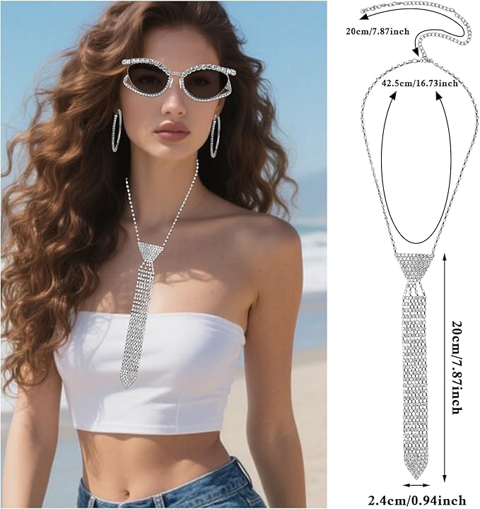 XEPST 3 Piece 70s Women Disco Accessories Disco Costume Set with Sparkling Cat Eye Sunglasses, Hoop Earrings & Rhinestone Tie Necklace, Glamorous Bling Costume Accessories for Women