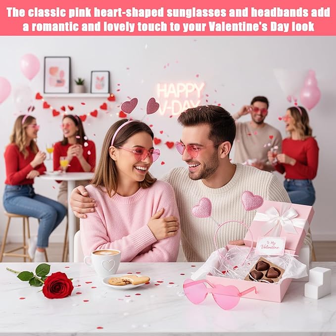 Valentines Heart Headband and Heart Sunglasses 24Pcs Pink Valentine's Day Accessories for Women Glitter Cupid Accessories for Valentine Wedding Anniversary Birthday Engagement Party Favors