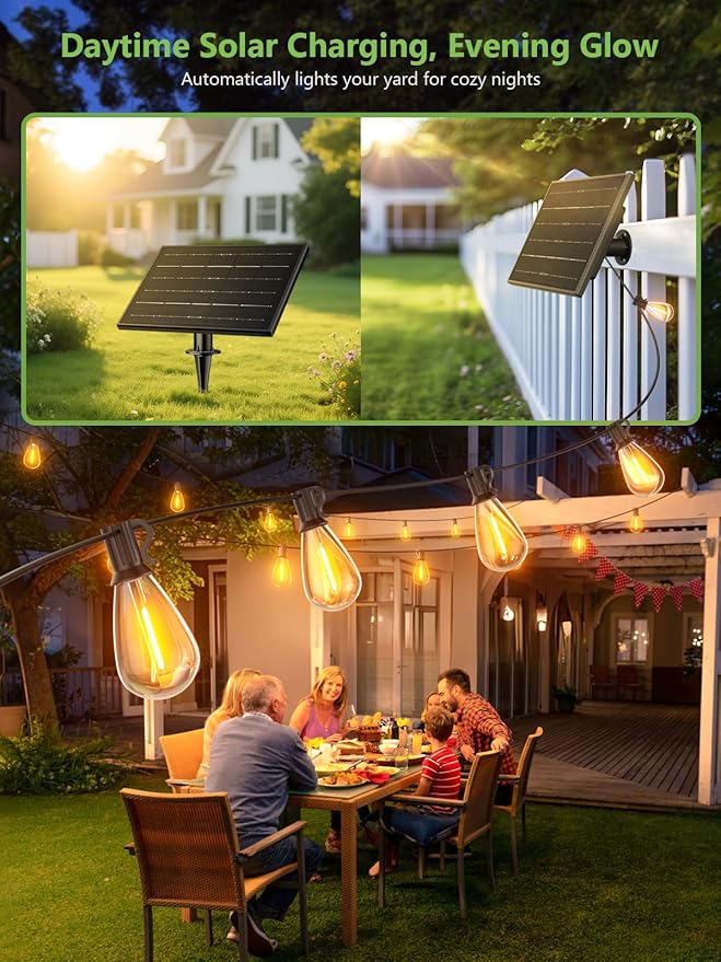 luckystyle 200FT Solar String Lights Outdoor Waterproof 2200K with Remote & USB Charging, 72+4 LED Shatterproof Bulbs, Dimmable & Timable, 3 Light Modes, Long Last for Garden,Patio, Backyard, Camping
