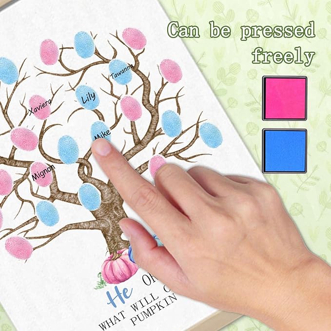 Pumpkin Baby Shower Gender Reveal Fingerprint Tree Canvas Guest Books, Gender Reveal Party Decorations Gifts Ideas, Thumbprint Hanging Paintings