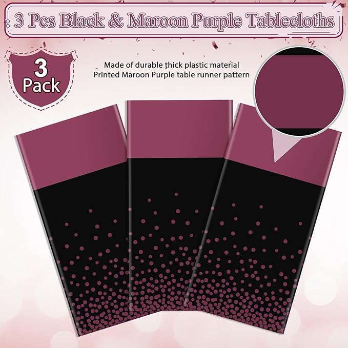3Pcs Black and Maroon Purple Tablecloth Party Decorations,Plastic Black Table Cloth Printed Maroon Purple Table Runner Disposable Rectangle Table Cover for Birthday Wedding Graduation Party,54x108Inch