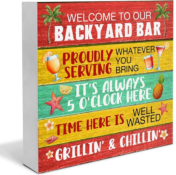 Backyard Bar Decor Bar Wood Block Sign Summer Decorations for Home Desk Table Shelf 5 x 5 Inches