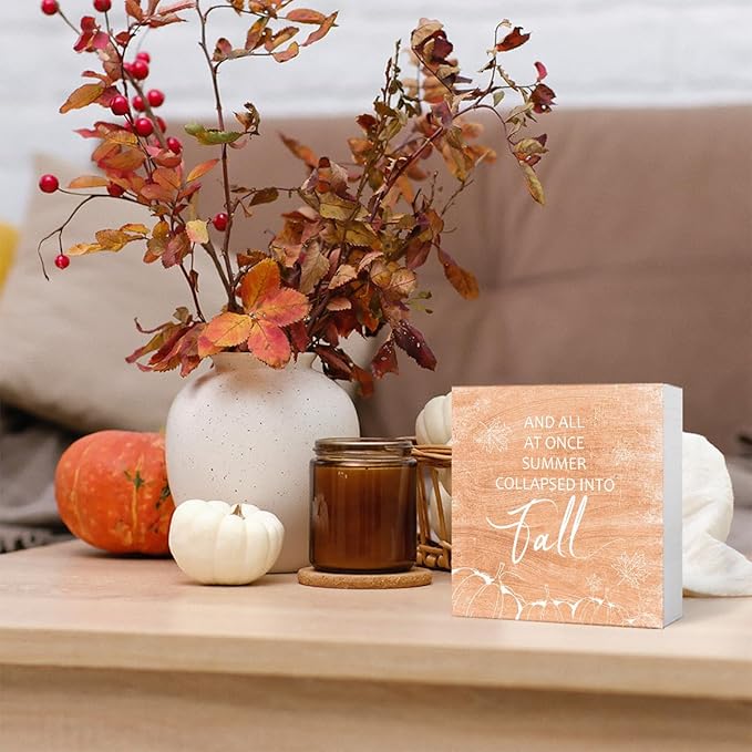 Funny Autumn Wood Box Sign Into Fall Wooden Block Desk Decor for Home Office Kitchen Cubicle Table Shelf Tabletop,Farmhouse Fall Sign Decor