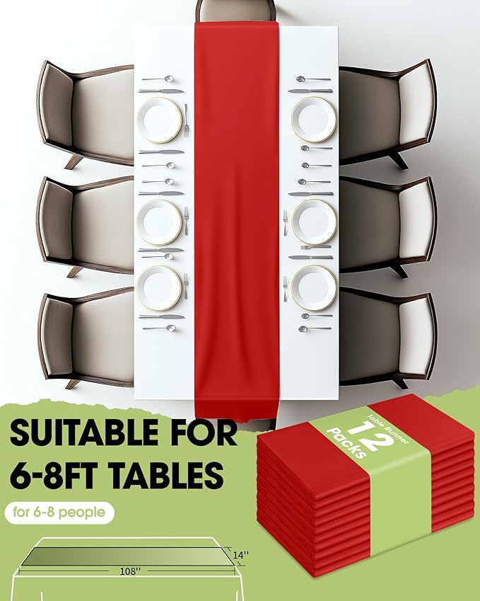 Pureegg Red Plastic Table Runners - 12 Pack, 14'' x 108'', Water Resistant & Disposable Centerpiece Decorations for Table Cloth, Wedding, Birthday, Holiday, Baby Shower, Party, Home Decor