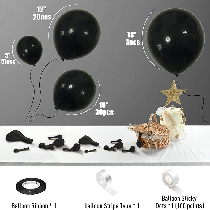 Black Balloon Garland Kit, Black Balloons Different Sizes 113 Pack 18/12/10/5'' Matte Black Latex Balloons Black Helium Party Balloon Arch for Birthday New Year Party (QQ-113)