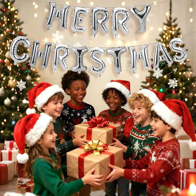 16 Inch Merry Christmas Balloons 14 PCS Silver Balloons Banner Xmas Letter Aluminum Mylar Foil Balloon Kit Decorations Globos Backdrop for Hanging Decor Party Favors Supplies Theme Indoor Outdoor