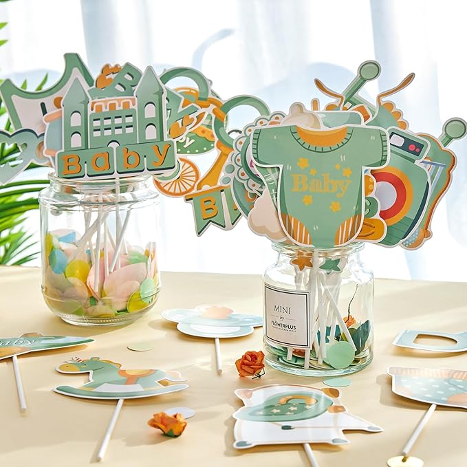 SUNBEAUTY 36 PCS Sage Green Baby Shower Photo Booth Props - Neutral Greenery Oh Baby Decorations