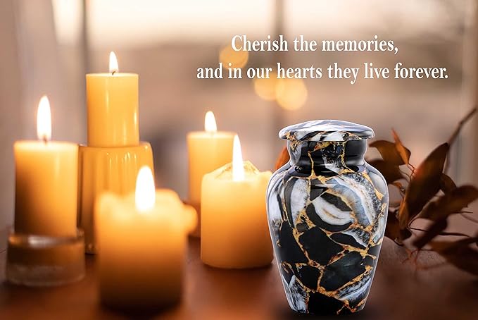 Small Keepsake Cremation Urns for Human Ashes - Marble Finish Metal Keepsake Urn - Mini Cremation Urn for Pet Ashes - Handcrafted Memorial Urn - Funeral Urns with Velvet Bag (Luxury Black)