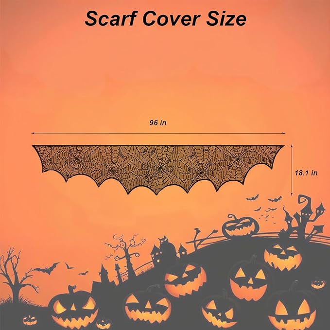 Halloween Mantle Scarf - 96x18.1 inch Spider Web Fireplace Decor - Spider Web Mantel Scarf for Cobwebs Halloween Decorations - Halloweens Indoor Decorations