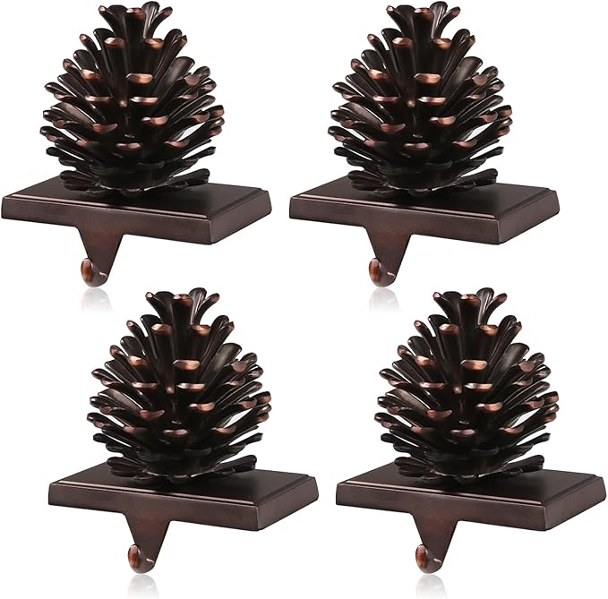 JUSTOTRY 3D Pine Cones Christmas Stocking Holders for Mantle Set of 4 with Non-Skid Brown Stocking Holder for Fireplace Home Decor Holiday Gifts Xmas Decorations Supplies
