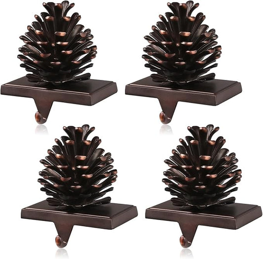 JUSTOTRY 3D Pine Cones Christmas Stocking Holders for Mantle Set of 4 with Non-Skid Brown Stocking Holder for Fireplace Home Decor Holiday Gifts Xmas Decorations Supplies