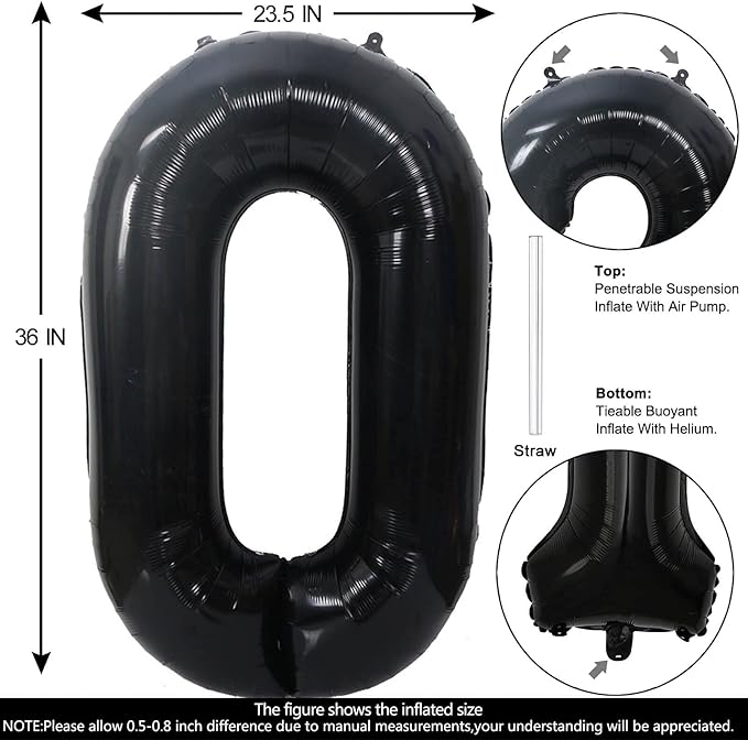 40 Inch Black Number 0 Balloons Helium Giant Black 0 Balloons for Birthday Party Decorations Anniversary Baby Shower Photo Shoot Supplies