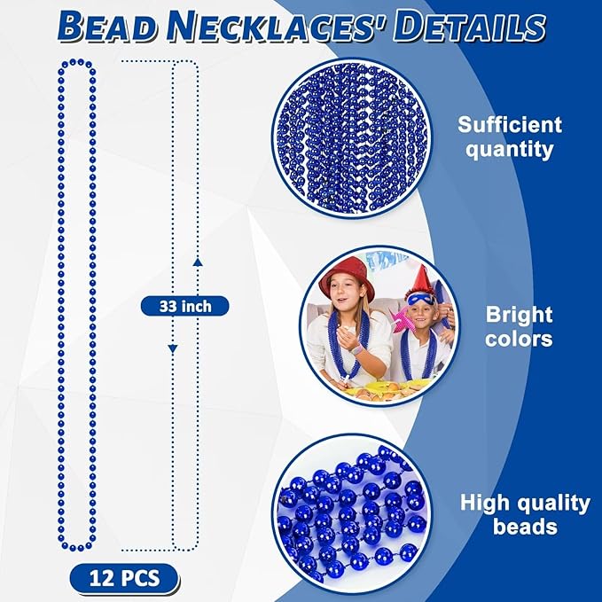 12PCS Christmas Bead Necklace, Blue Bead Necklace Stuff Accessories, 33" Mardi Gras Beads Costume, Festival Events Parade Throw Accessory Sets for Xmas Mardi Gras Gender Reveal Party Supplies