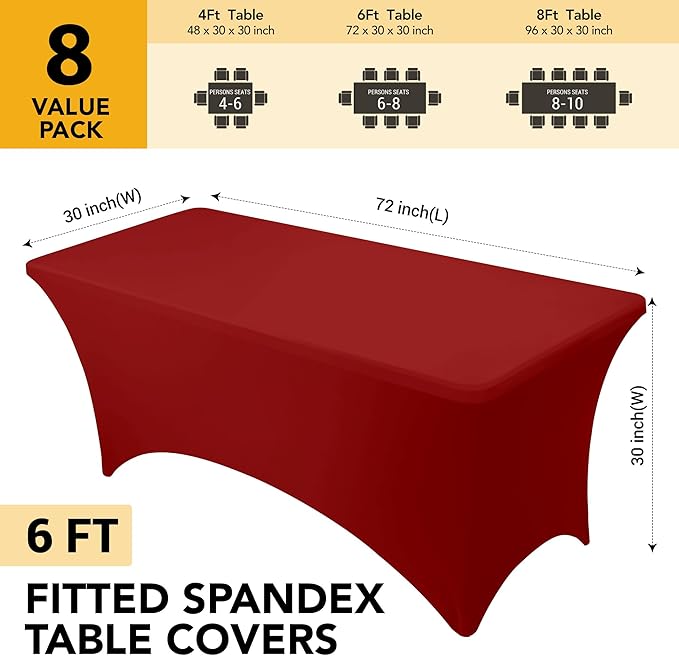 8-Pack Premium Red Spandex Tablecloths for 6ft Rectangle Tables, Stain & Wrinkle-Resistant, Washable Stretch Polyester Fitted Table Cover for Weddings, Banquets, Trade Shows Events