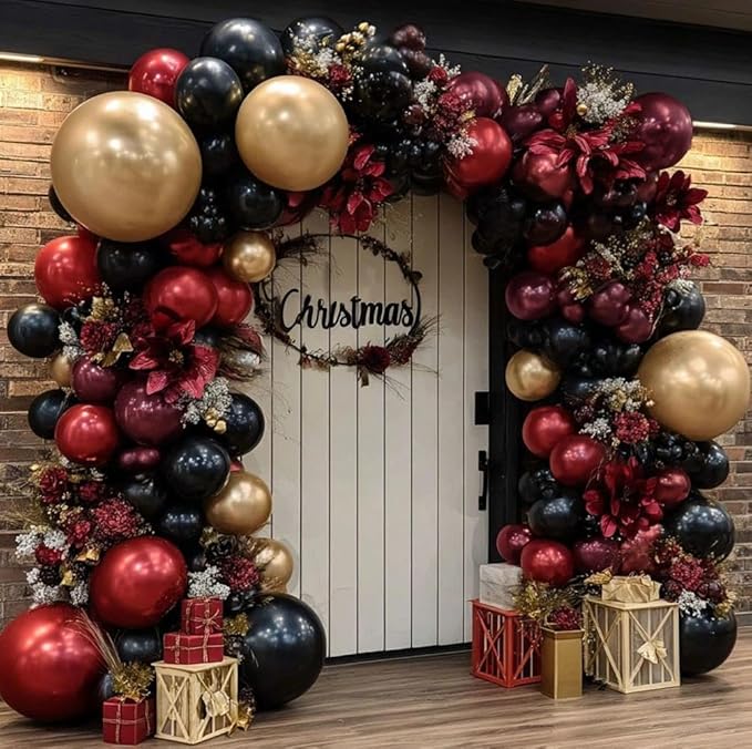 Burgundy Black Gold Balloon Garland Double Stuffed Dark Red Gold Maroon Black Balloon Arch Kit for Christmas New Year Birthday Anniversary Prom Party Decoration