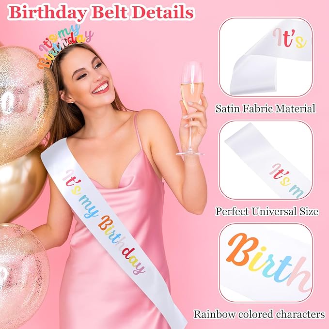 Its My Birthday Headband Set, Rainbow Sash and Crown, Happy Birthday Headpiece for Women Girls Party Decorations (Colorful)