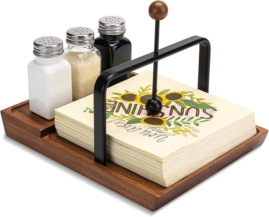 Black Wooden Napkin Holder, Multifunctional Farmhouse Napkin Holder for Table, Kitchen, Outdoor Use, Includes Space for Salt and Pepper Shakers (Seasoning Jar Not Included)