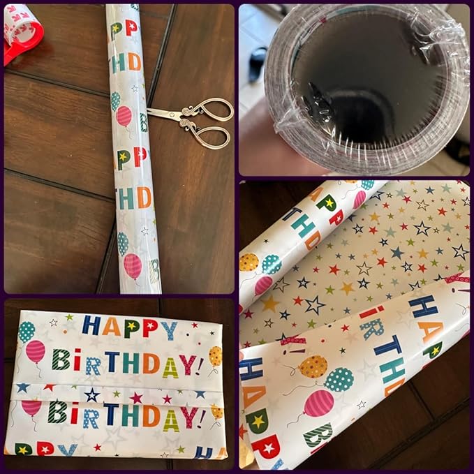 Reversible Birthday Wrapping Paper Roll for Boys Girls Kids - Mini Roll - 17 Inches X 33 Feet - Colorful Happy Birthday Lettering Balloon and Stars Design for Boy Girls Kids