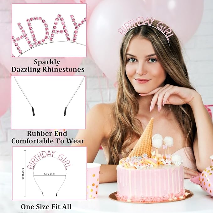 CAVETEE Birthday Girl Crown and Sash， Princess Tiara Happy Birthday Headband Party Accessories for Women and Girls