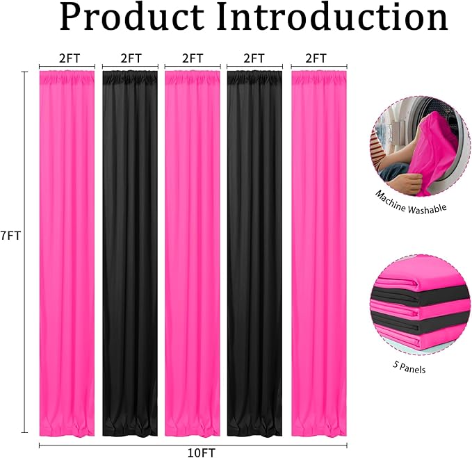 10x7FT Black and Pink Backdrop Curtain – Wrinkle-Free Polyester Party Background for Birthday, Wedding, Baby Shower, Photography, Photo Booth Wall Decor for Adults & Kids