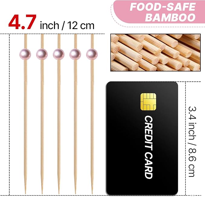 PuTwo Cocktail Picks 4.7 Inch 200pcs Bamboo Fancy Skewers Toothpicks for Appetizers Pink Pearl Toothpicks for Food Drink Fruit Sandwich BBQ Charcuterie Boards Accessories Birthday Party Supplies