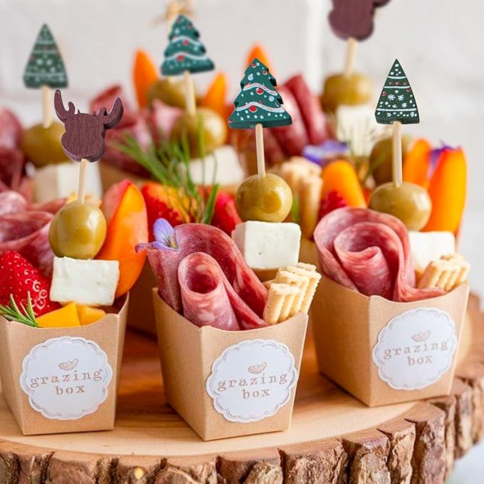 PuTwo Christmas Cocktail Picks 4.7 Inch 100pcs Bamboo Fancy Skewers Toothpicks for Appetizers Food Drink Fruit Sandwich BBQ Christmas Cocktail Party Charcuterie Boards Accessories Party Supplies