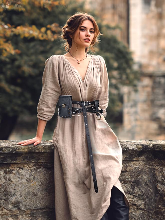 Ultrafun 3pcs Renaissance Belt Accessories Faux Leather Medieval Viking Chain Belt Bag Skirt Hike Ren Faire Costume