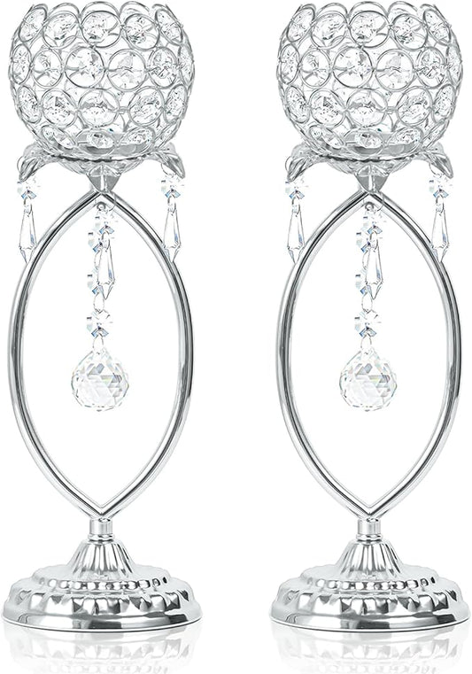 2 Pcs Silver Elegant Metal Crystal Tea Light Candle Holders with Crystal Pendants, Hollow Design - Wedding Table Centerpieces for Anniversary Birthday Party, Home Decor
