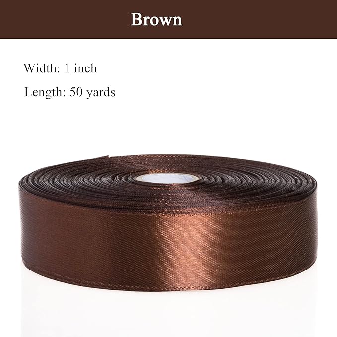 1 Inch Brown Solid Satin Ribbon, 50 Yards Craft Fabric Ribbon for Gift Wrapping Floral Bouquets Wedding Party Decoration