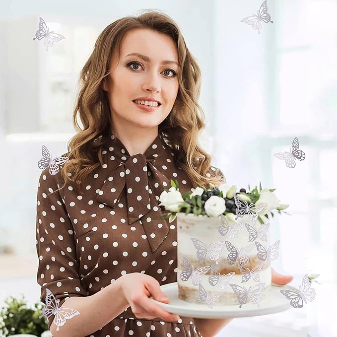 40 PCS Laser 3D Butterfly Cupcake Toppers - Hollow Arts Cake Decorations for Baby Shower, Wedding, Fairy Birthday Party Supplies - Wall Sticker Decoration Mixed Styles Silver