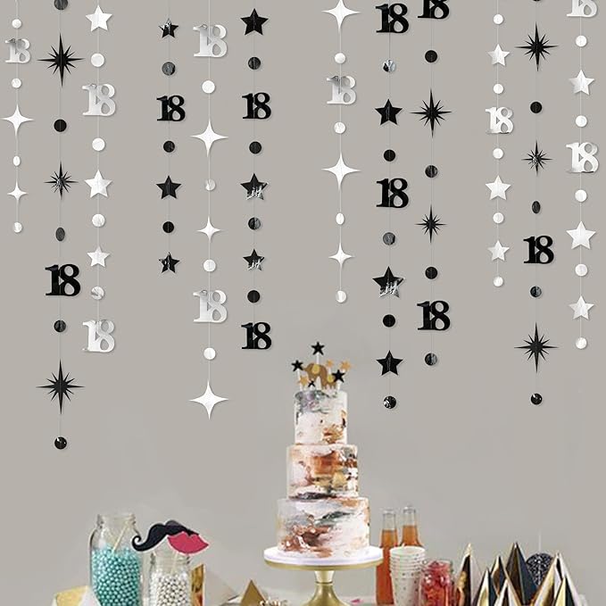 Silver Black 18th Birthday Decorations Number 18 Circle Dot Twinkle Star Garland Streamer Banner Backdrop for Girls Boys Happy 18th Birthday Time to Adult Cheers to 18 Years Old Anniversary Party