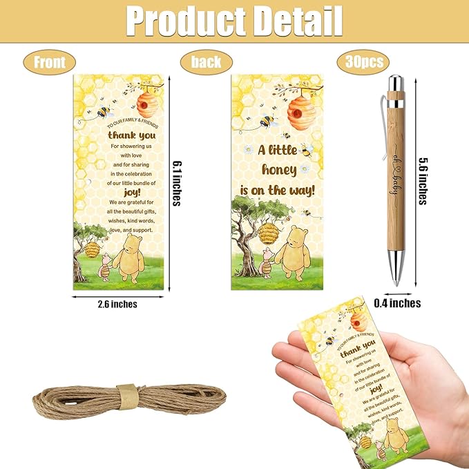 Toerifer 30 Pcs Winnie Baby Shower Favors for 30 Guest, Thank You Gift Sets, Included Bamboo Pens Greeting Cards, Gender Reveal Souvenirs Prizes, Winnie Honey Bee Baby Birthday Decor