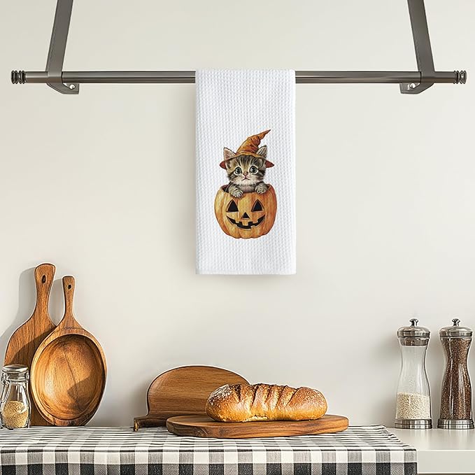 TNUW Halloween Cat Pumpkin Kitchen Towels 16x24 Inch, Cat Mom Lady Lovers Gifts Dish Tea Towels for Kitchen, Halloween Cute Witchy Kitten Spooky Pumpkin Decorative Hand Towel for Bathroom Decor