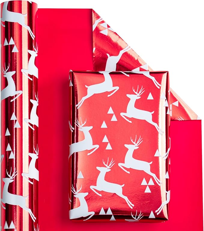 WRAPAHOLIC Reversible Red Christmas Wrapping Paper - Mini Roll - 17 Inch x 33 Feet - Reindeer Wrapping Paper and Solid Red Design with Metallic Foil Shine for Christmas, Holiday, Party