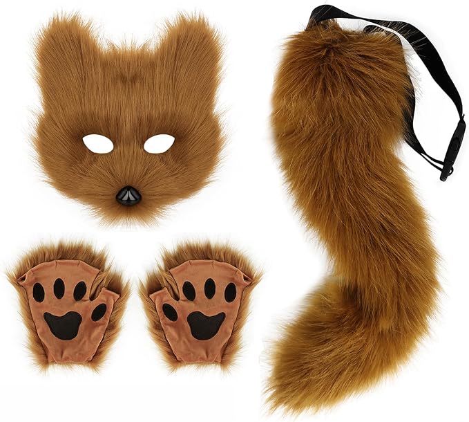 Adolala Faux Fur Fox Tail Cat Wolf Set Plush Mask Fluffy Paw Gloves Halloween Christmas Party for Women