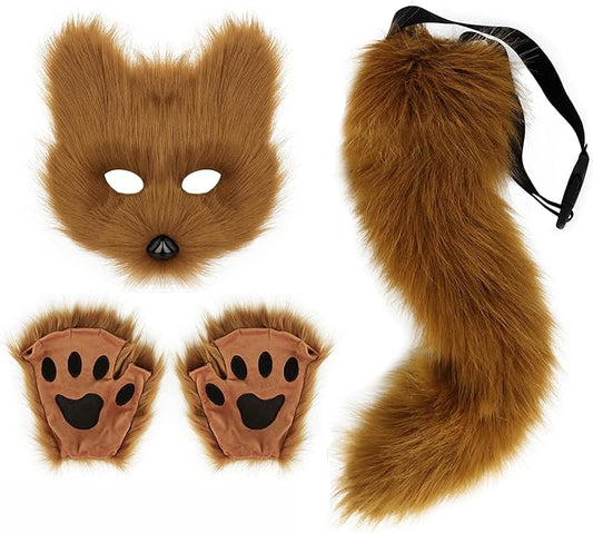 Adolala Faux Fur Fox Tail Cat Wolf Set Plush Mask Fluffy Paw Gloves Halloween Christmas Party for Women