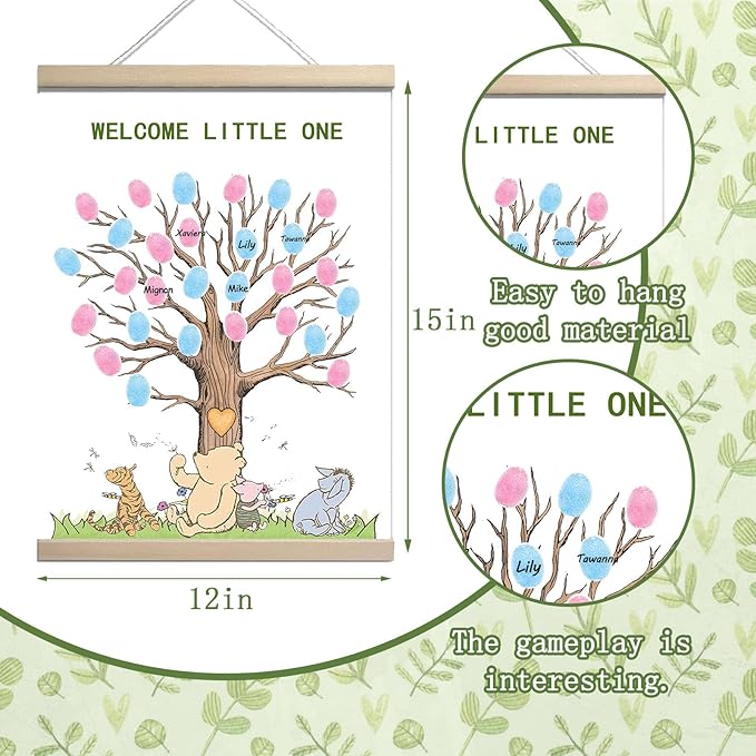 QZCYU Winnie Baby Shower Decorations, Gender Reveal Party Decorations, Gender Reveal Fingerprint Tree,Boy or Girl Gender Reveal Supplies Fingerprint Tree Canvas