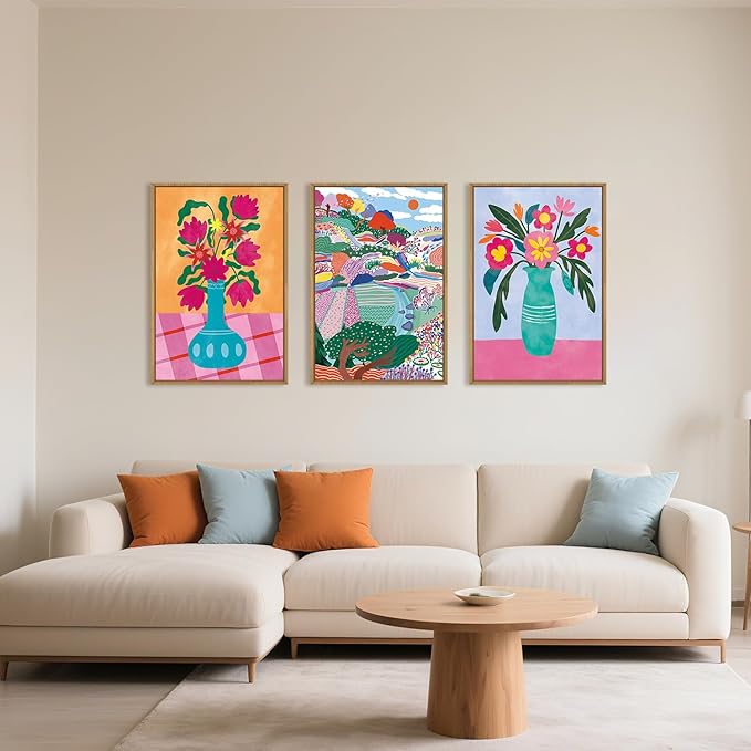 HOURIA Colorful Flower Field Landscape Framed Canvas Wall Art Set,Abstract Pink Floral Vase Wall Decor,Natural Botanical Tree Artwork,Modern Sunrise Art Prints for Living Room,Farmhouse-24 x36 x3