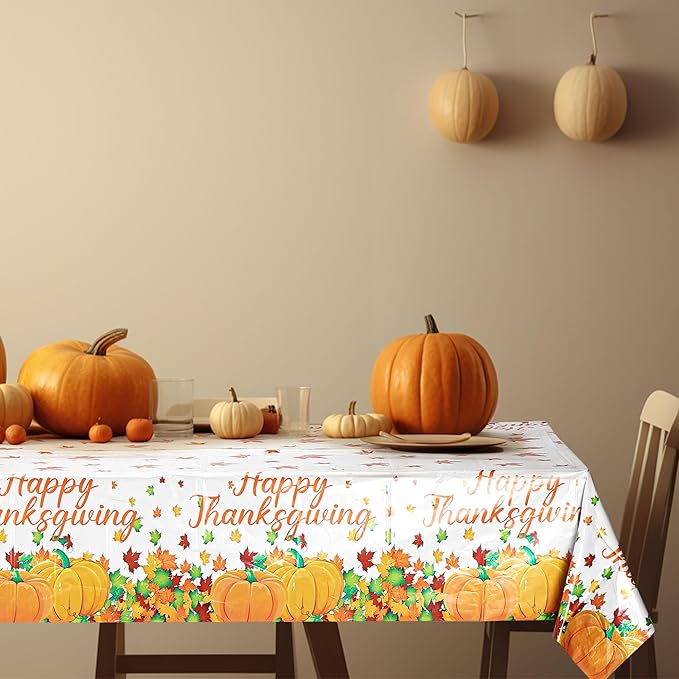 Mornajina 4 Packs 108 x 54 Inch Thanksgiving Fall Tablecloth Plastic Autumn Maple Leave Pumpkin Disposable Table Cover for Autumn Thanksgiving Party Table Decoration (Pumpkins)