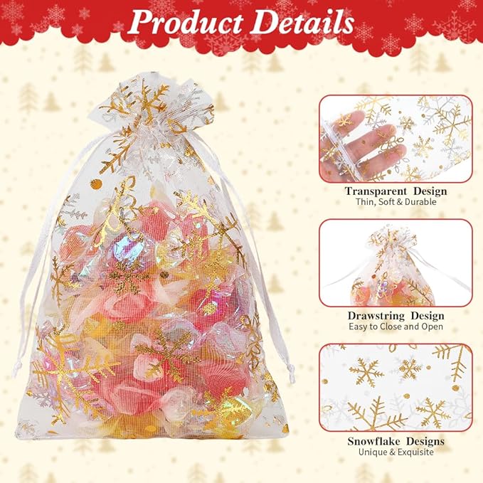 Christmas Organza Gift Bags 4x6 Gold Snowflake Mesh Bag Drawstring 50 Pcs White Mesh Gift Bags Drawstring Xmas Favor Bags Jewelry Pouches Bulk Gift Pouch for Birthday Wedding Christmas Party Supplies