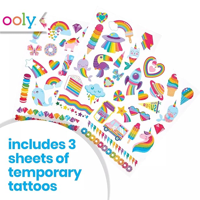 Ooly 50 Temporary Tattoos For Kids, Safe & Non-Toxic Temporary Tattoo, Party Favors Gifts for Kids, Great Goodie Bag Stuffers & Fun Birthday Decorations - Over the Rainbow
