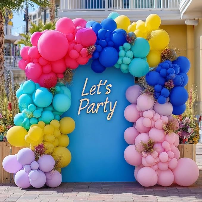 Hot Pink Blue Yellow Balloon Garland, Double Stuffed Royal Blue Fuchsia Pink Teal Lavender Balloons Pastel Lilac Yellow Balloon Arch Kit for Tropical Hawaii Aloha Luau Encanto Summer Party Decorations