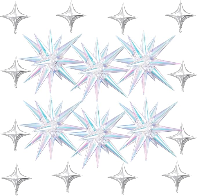 18 Pcs Iridescent Star Balloons, Iridescent Clear Stars Foil Balloon with 6 Pcs 22-Inch Explosion Star Balloons 12Pcs Silver 10-Inch Four Pointed Stars Balloon for Birthday New Year Party Decors