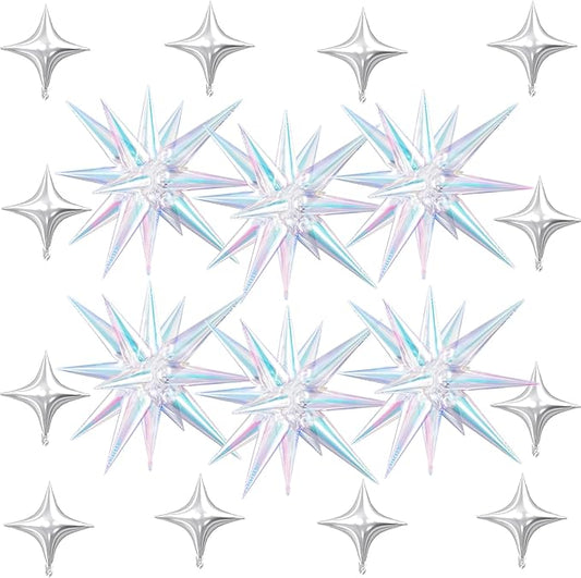 18 Pcs Iridescent Star Balloons, Iridescent Clear Stars Foil Balloon with 6 Pcs 22-Inch Explosion Star Balloons 12Pcs Silver 10-Inch Four Pointed Stars Balloon for Birthday New Year Party Decors