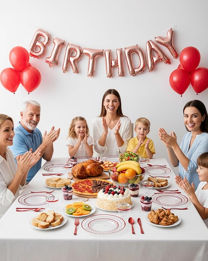 Goodluck 350 Piece Red Plastic Plates, Clear Plastic Silverware Disposable Plates Set, Include 100Plates, 50Pack Pre Rolled Napkins with Silverware, 50Cups for Party, Wedding, Graduation